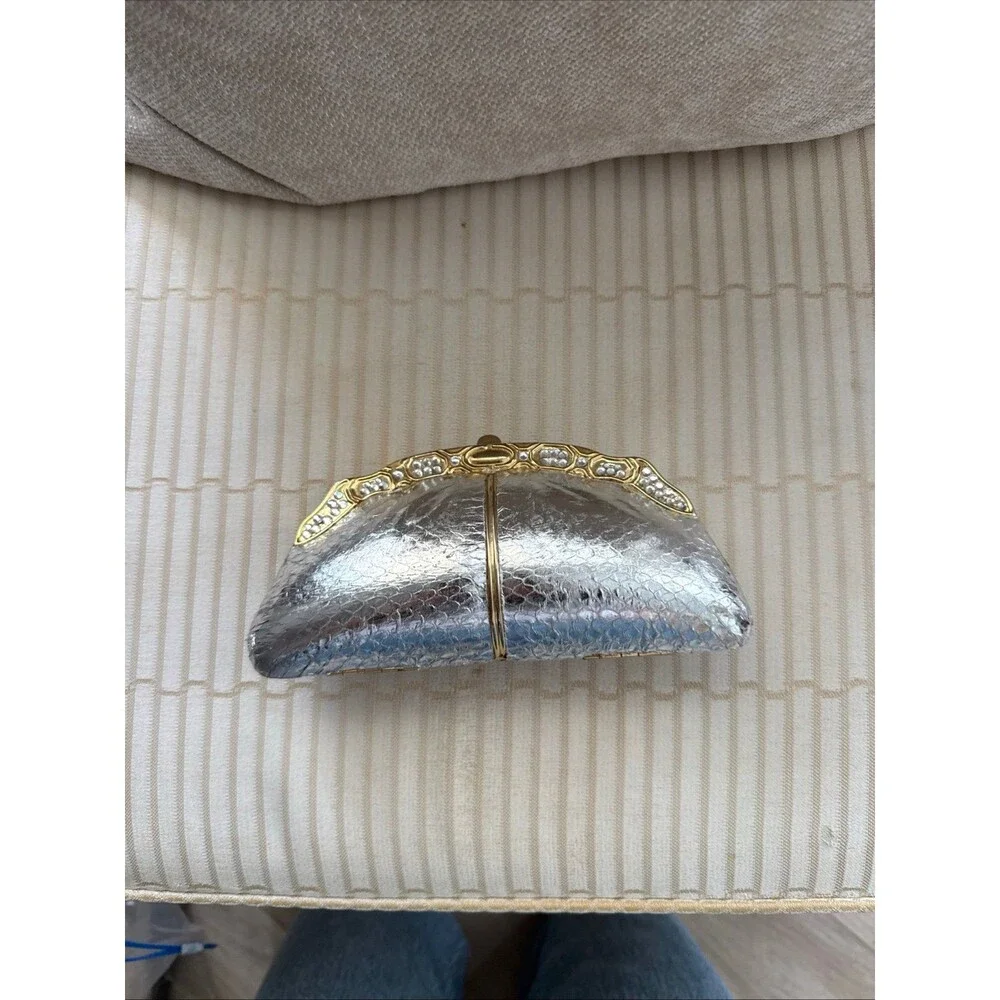 Vintage Sasha Clutch Purse Metallic Silver Gold Rhinestone Shoulder Chain Bag
